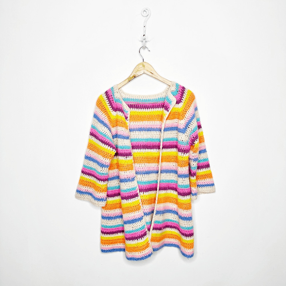 HAND KNIT Rainbow multicolor open front CARDIGAN 3/4 sleeves women's ONE SIZE